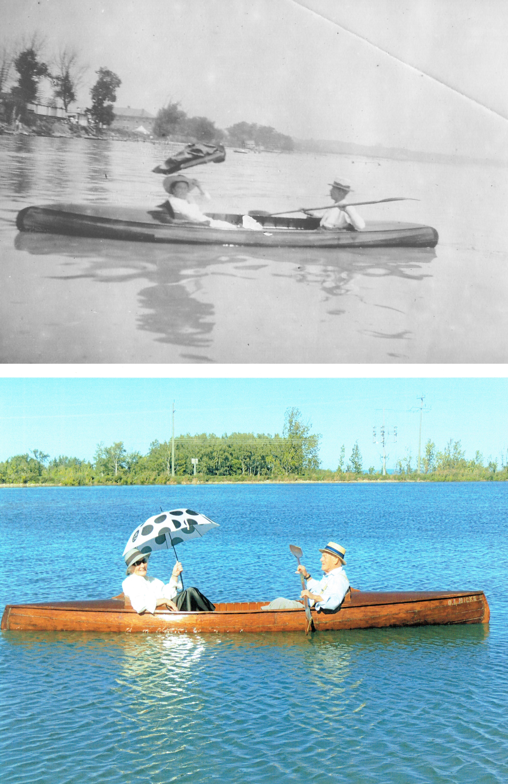 Two views of old Hicks canoes.