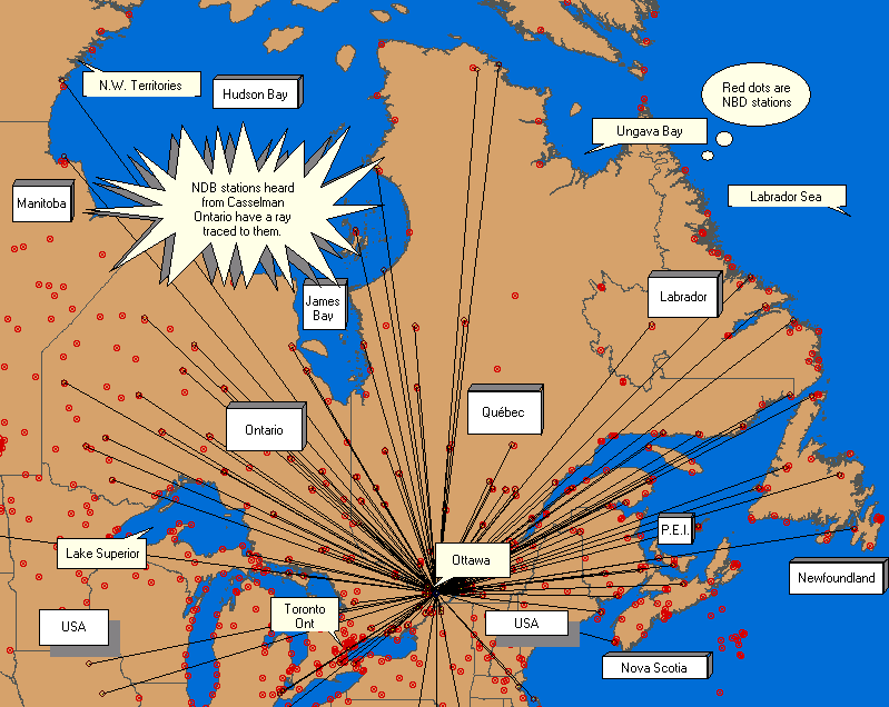 NDB stations heard from Casselman Ontario Canada FN25kh