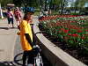 Lynn with her bike at the Canadian Tulip Festival