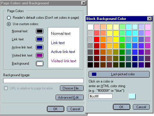 Page Colors and Background window