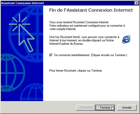 La fenêtre Fin de l'Assistant Connexion Internet
