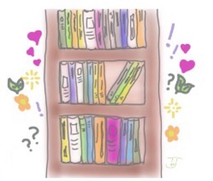 Drawing of books of all kinds in a bookcase
