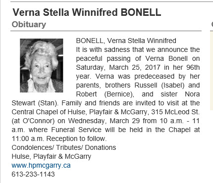 Obituary for Verna Stella Winnifred BONELL