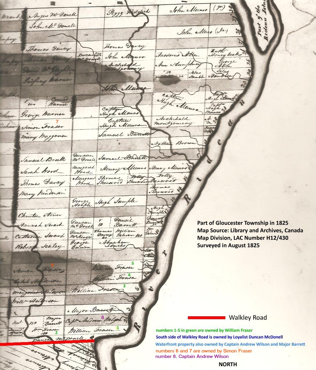 Map of part of the Rideau Front, Gloucester Township, Upper Canada, 1825