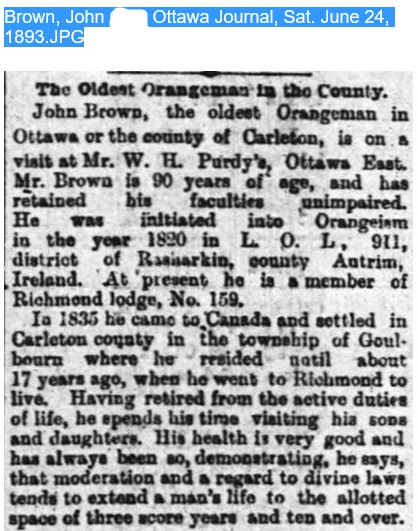 John Brown, oldest Orangeman in Carleton County, Ottawa, Ontario, Canada, 1893