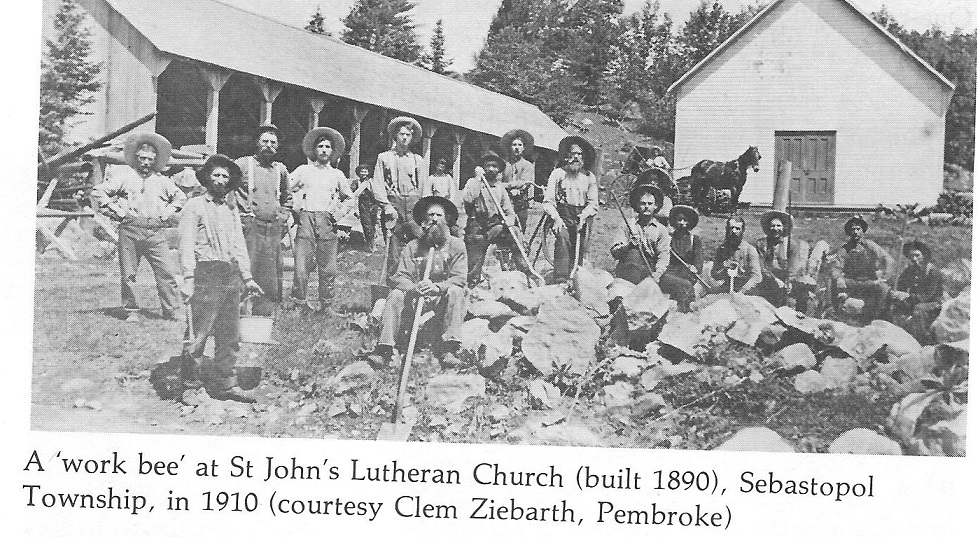 A Work Bee of German immigrants building St. John's Lutheran Church in Sebastapol Township, Renfrew County, Ontario