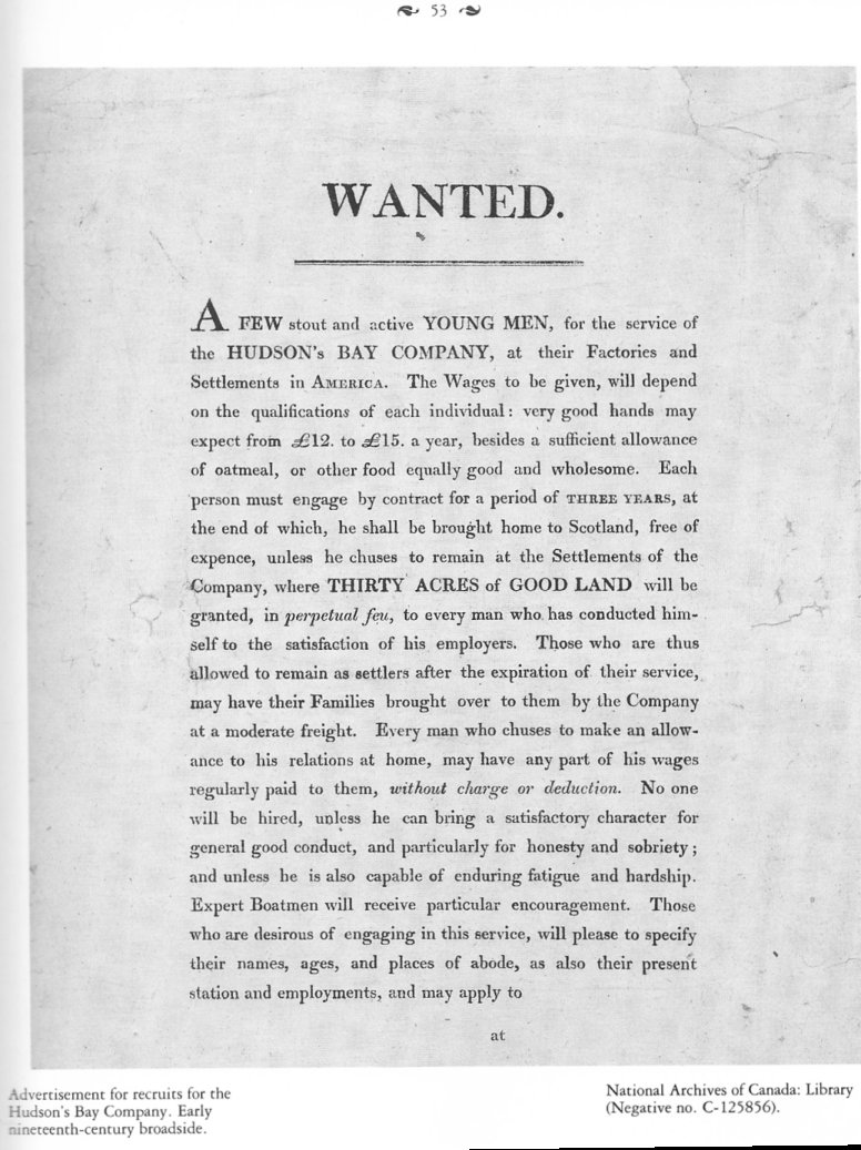 Hudson's Bay Company Recruitment Advertisement, early 1800's