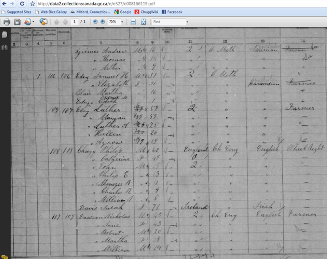 Portion of the 1881 Census for Hull and Aylmer, Quebec, Canada