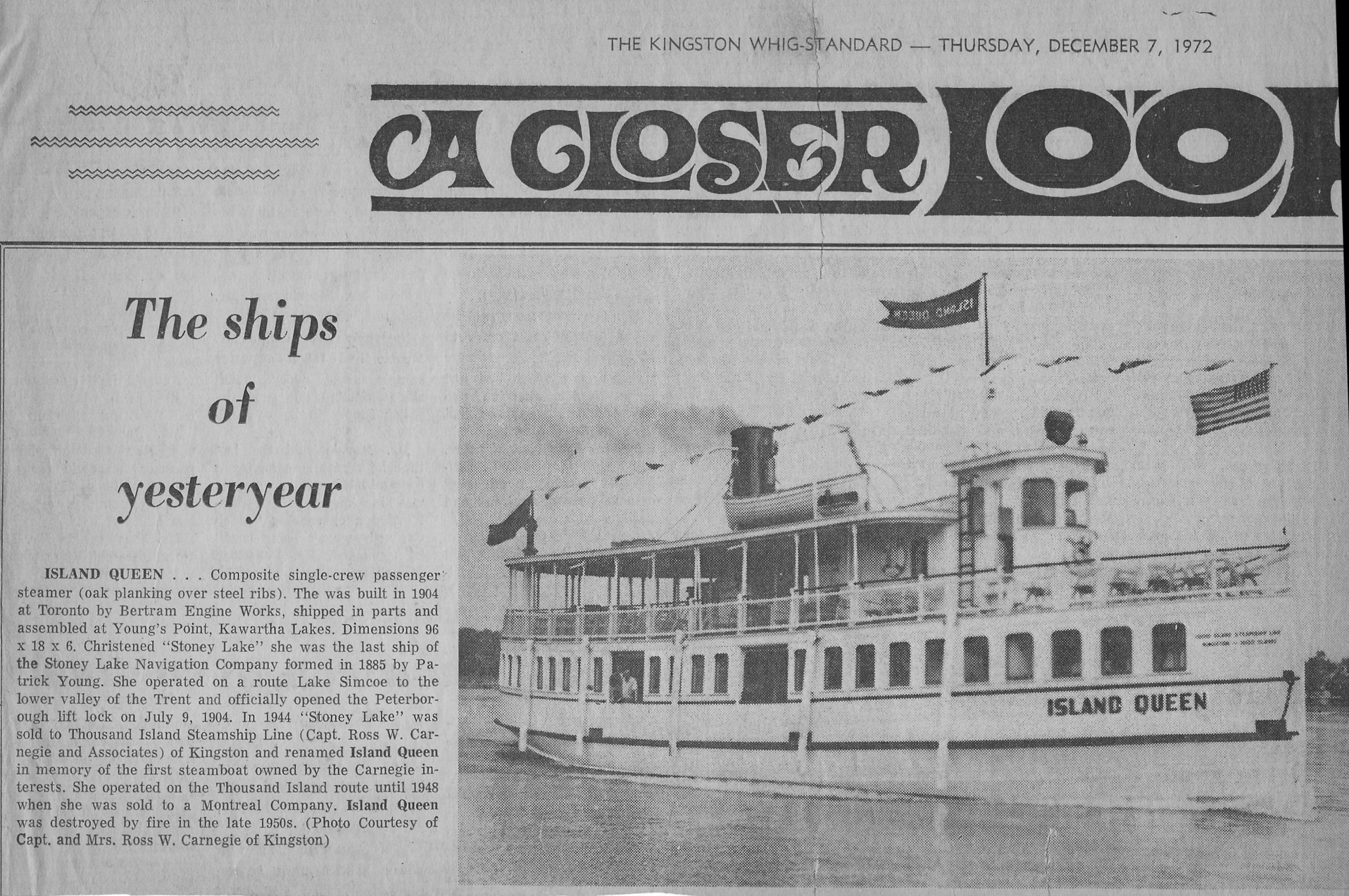 Island Queen from Kingston Whig Standard, December 7, 1972