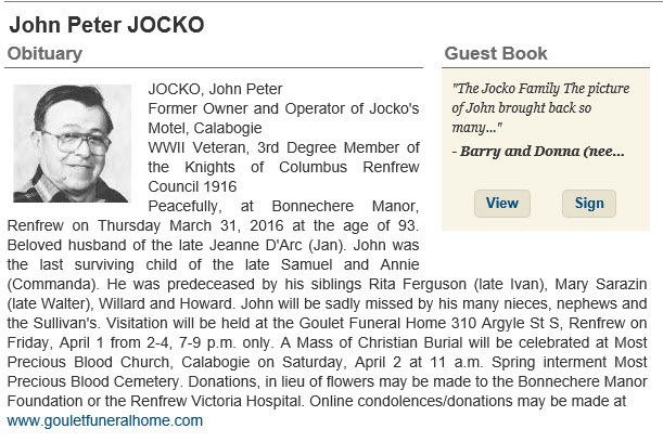 Obituary for Mr. John Jocko, Calabogie Lake, Renfrew County, Ontario, Canada