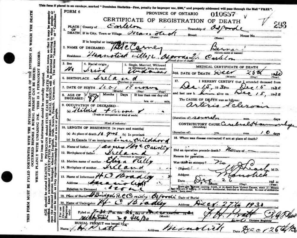 Bernard McCarnen / McCarney Death Registration