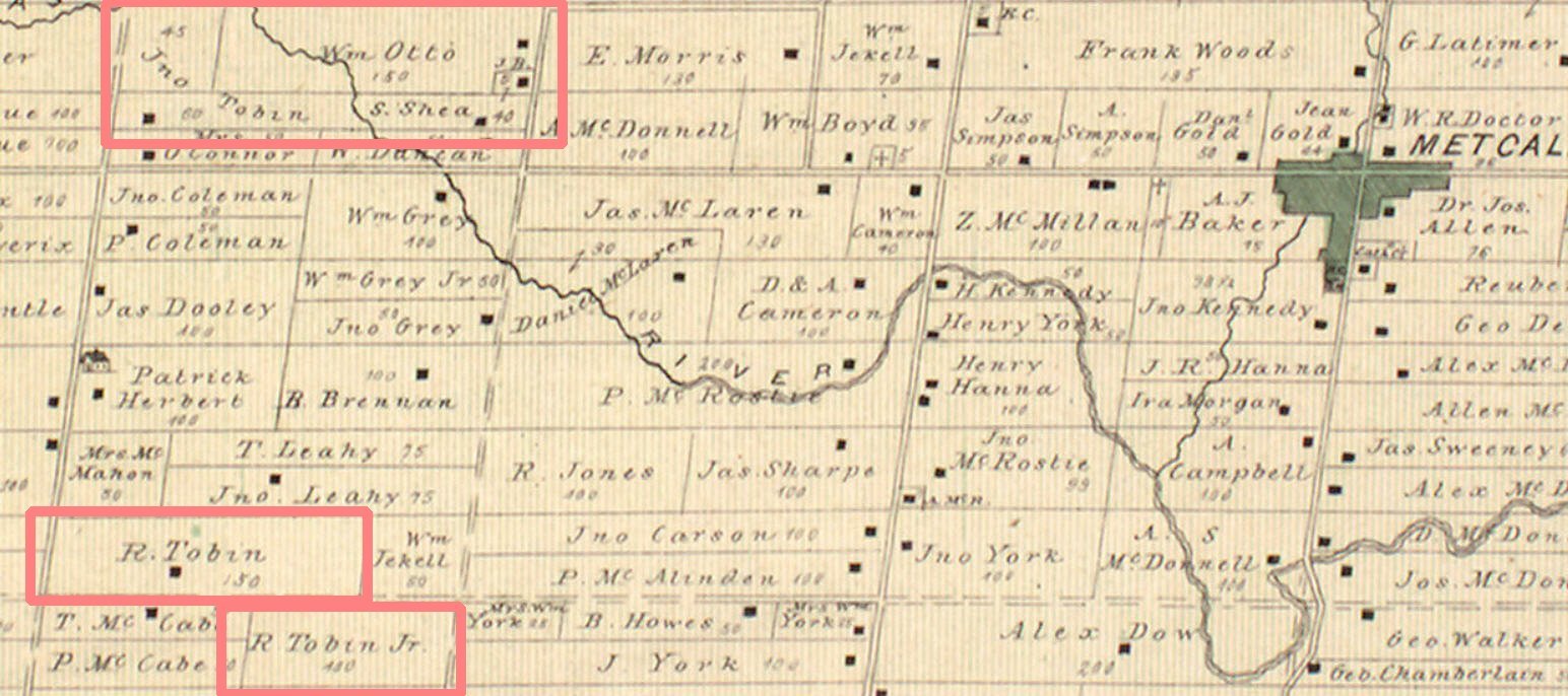 Township map showing Tobin lands near Metcalfe, Ontario in 1879