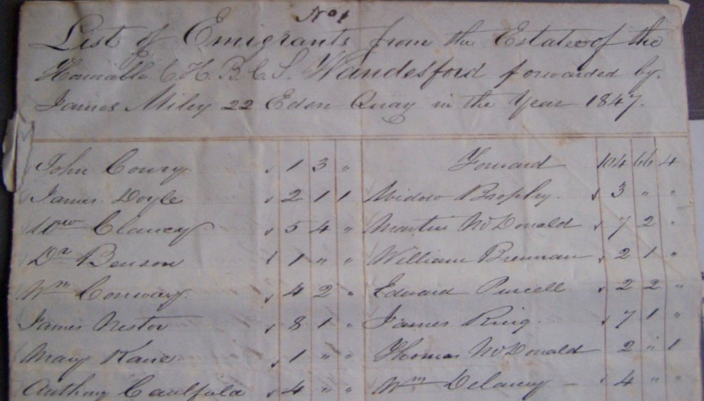 Emigration List, Wandesford, County Kilkenny, 1847 (Irish Famine)