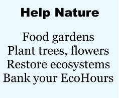 Help Nature Food gardens Plant trees, flowers Restore ecosystems Bank your EcoHours