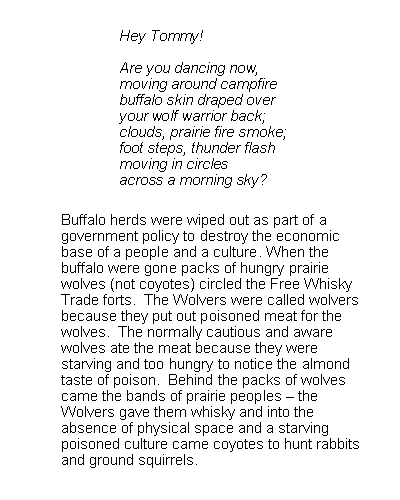 Text Box: Hey Tommy!Are you dancing now,moving around campfirebuffalo skin draped overyour wolf warrior back;clouds, prairie fire smoke;foot steps, thunder flashmoving in circlesacross a morning sky?Buffalo herds were wiped out as part of agovernment policy to destroy the economicbase of a people and a culture. When thebuffalo were gone packs of hungry prairiewolves (not coyotes) circled the Free WhiskyTrade forts.  The Wolvers were called wolversbecause they put out poisoned meat for thewolves.  The normally cautious and awarewolves ate the meat because they werestarving and too hungry to notice the almondtaste of poison.  Behind the packs of wolvescame the bands of prairie peoples  theWolvers gave them whisky and into theabsence of physical space and a starvingpoisoned culture came coyotes to hunt rabbitsand ground squirrels.